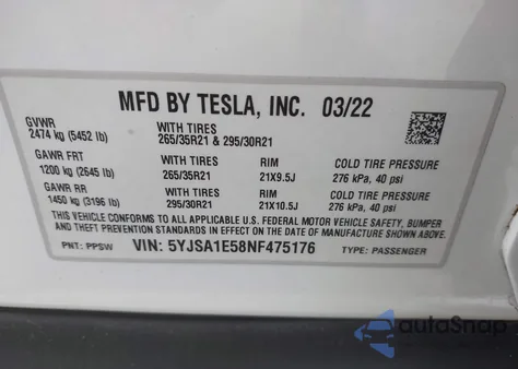 2022 Tesla Model S Dual Motor All-Wheel Drive from USA, damaged, VIN 5YJSA1E58NF475176